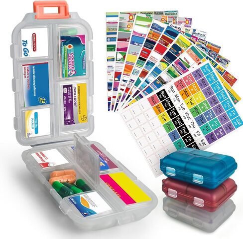 3 Pcs DIY Travel Pill Organizer with Labels Pocket Pharmacy, 3 Pill Box & 420 Medicine Labels, Portable Travel Essentials Mini Pill Container 7 Day Pill Case Storage Vitamin Fish Oil (Set B) in Kuwait