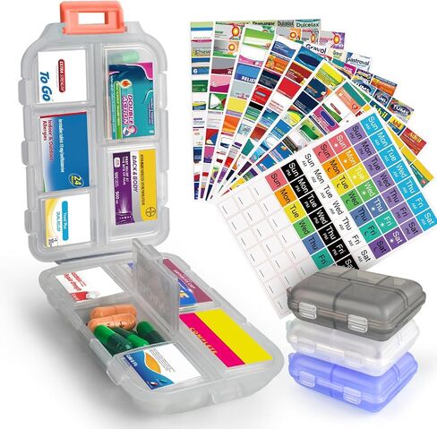 3 Pcs DIY Travel Pill Organizer with Labels Pocket Pharmacy, 3 Pill Box & 420 Medicine Labels, Portable Travel Essentials Mini Pill Container 7 Day Pill Case Storage Vitamin Fish Oil (Set B) in Kuwait
