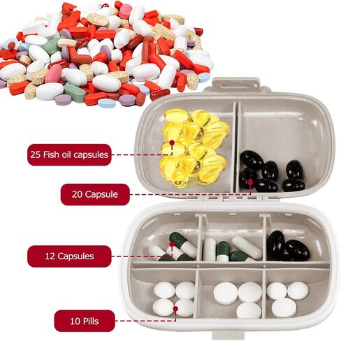 1Pack Travel Pill Organizer, 8 Compartments Portable Pill Case, Small Pill Box for Pocket Purse Portable Medicine Vitamin Container Beige in Kuwait