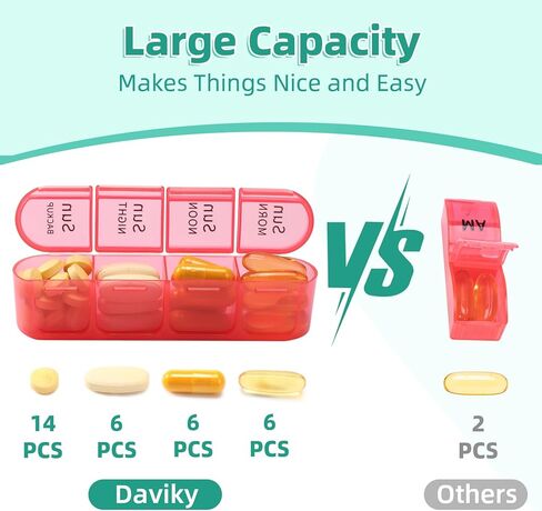Daviky Pill Organizer 4 Times a Day - Pill Box 7 Day, Large Weekly Medicine Pill Organizer for Travel with Removable Individual Containers, Pill Case to Hold Daily Vitamins, Supplements and Medication in Kuwait