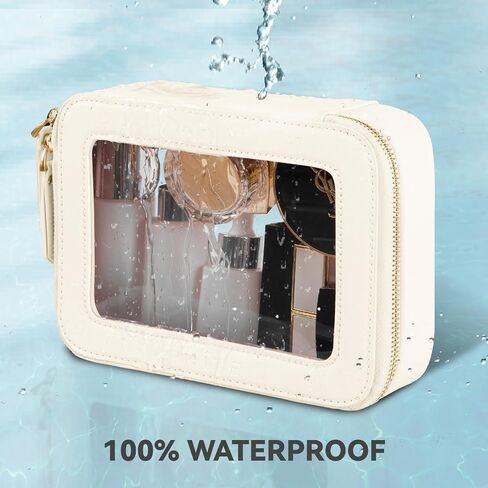 Prite Christmas Gifts Clear Makeup Bag Cosmetic Organizer Case Waterproof Travel Toiletry Bag Skincare Pouch with Golden Zipper(Beige) in Saudi Arabia