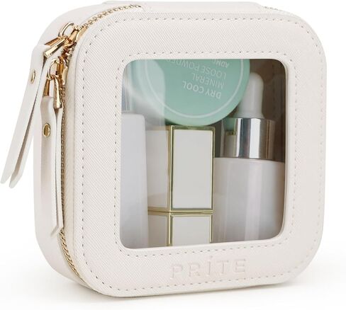 حقيبة تنظيم مستحضرات التجميل الشفافة لهدايا عيد الميلاد من برايت، حقيبة مستحضرات تجميل للسفر مقاومة للماء، حقيبة للعناية بالبشرة مع سحاب ذهبي (بيج) in Kuwait