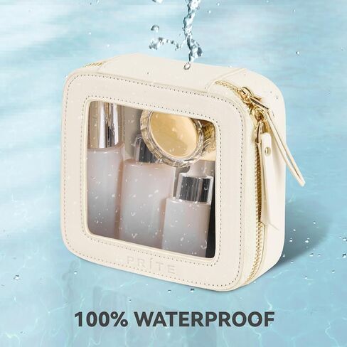 حقيبة تنظيم مستحضرات التجميل الشفافة لهدايا عيد الميلاد من برايت، حقيبة مستحضرات تجميل للسفر مقاومة للماء، حقيبة للعناية بالبشرة مع سحاب ذهبي (بيج) in Kuwait