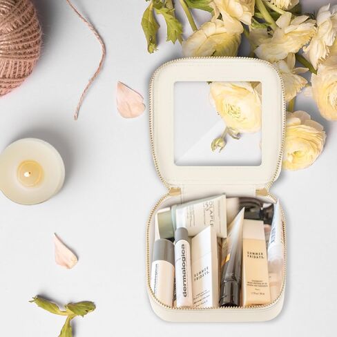 حقيبة تنظيم مستحضرات التجميل الشفافة لهدايا عيد الميلاد من برايت، حقيبة مستحضرات تجميل للسفر مقاومة للماء، حقيبة للعناية بالبشرة مع سحاب ذهبي (بيج) in Kuwait