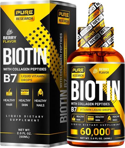 PURE RESEARCH Liquid Biotin & Collagen Hair Growth Drops 60,000mcg - Biotin and Liquid Collagen Supplement for Men & Women - Glowing Skin Support, Healthy Hair & Nail Growth - 2oz in Saudi Arabia