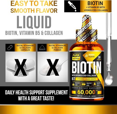 PURE RESEARCH Liquid Biotin & Collagen Hair Growth Drops 60,000mcg - Biotin and Liquid Collagen Supplement for Men & Women - Glowing Skin Support, Healthy Hair & Nail Growth - 2oz in Saudi Arabia