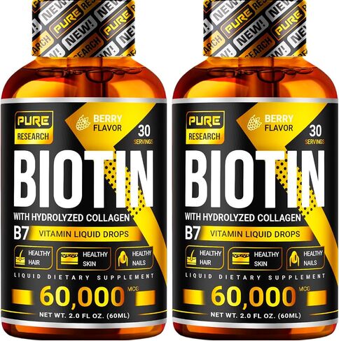 PURE RESEARCH Liquid Biotin & Collagen Hair Growth Drops 60,000mcg - Biotin and Liquid Collagen Supplement for Men & Women - Glowing Skin Support, Healthy Hair & Nail Growth - 2oz in Saudi Arabia