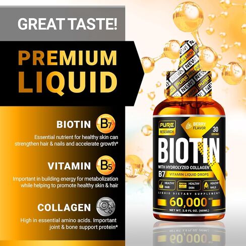 PURE RESEARCH Liquid Biotin & Collagen Hair Growth Drops 60,000mcg - Biotin and Liquid Collagen Supplement for Men & Women - Glowing Skin Support, Healthy Hair & Nail Growth - 2oz in Saudi Arabia