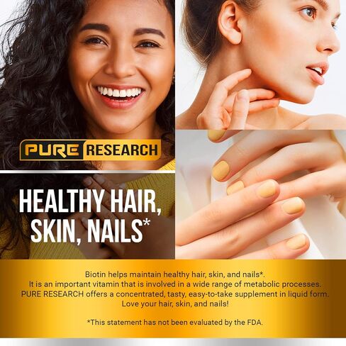 PURE RESEARCH Liquid Biotin & Collagen Hair Growth Drops 60,000mcg - Biotin and Liquid Collagen Supplement for Men & Women - Glowing Skin Support, Healthy Hair & Nail Growth - 2oz in Saudi Arabia