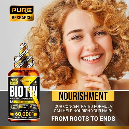 PURE RESEARCH Liquid Biotin & Collagen Hair Growth Drops 60,000mcg - Biotin and Liquid Collagen Supplement for Men & Women - Glowing Skin Support, Healthy Hair & Nail Growth - 2oz in Saudi Arabia