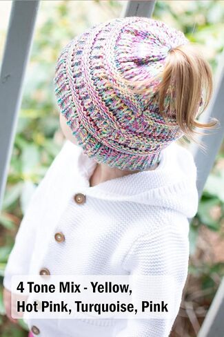 Funky Junque Kid's BeanieTail Children’s Ponytail Messy Bun Beanie Solid Ribbed Hat in Saudi Arabia