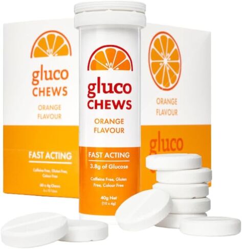 Glucology 6X Orange Glucochews (6 x 10) - Fast-Acting Glucose Chews, 3.8g Each - Boost Energy and Blood Sugar Levels - 10 Chews in Portable, Refillable Tube - Gluten-Free, Fat-Free, Caffeine-Free in Kuwait