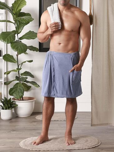 DII Men's Terry Shower Wrap Collection Adjustable with Velcro and Pocket, 54x20, Gray in Saudi Arabia