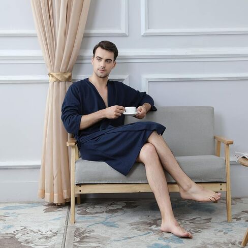 Men's Waffle Robe, Lightweight Knee Length Kimono Bathrobe, Nightgown Shower Robe for Spa in Saudi Arabia