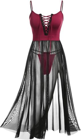 ROSE GAL Rosegal Womens Plus Size Lingerie Babydoll Lace-up Chemise Sheer Mesh Split Hem Nightwear Sexy Long Gown Nightdress in Kuwait