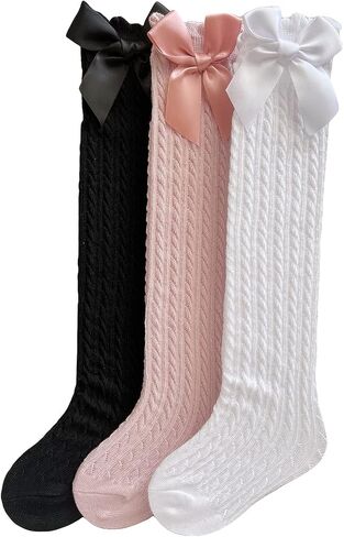 OYOANGLE Girl's 3 Pairs Knee High Socks Bow Cute Over Calf Kids Over knee Stockings in Saudi Arabia