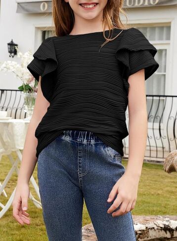blibean Girls Ruffled Short Sleeve Textured Tops Shirts Size 6-15 Years in Kuwait