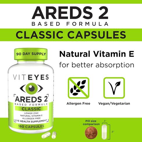 Viteyes AREDS 2 Eye Vitamins, Classic Macular Support, Allergen Free Capsules, with Natural Vitamin E, Vitamin C, Zinc, Copper, Lutein & Zeaxanthin, Eye Doctor Trusted, Manufactured in The USA, 180 Ct in Kuwait