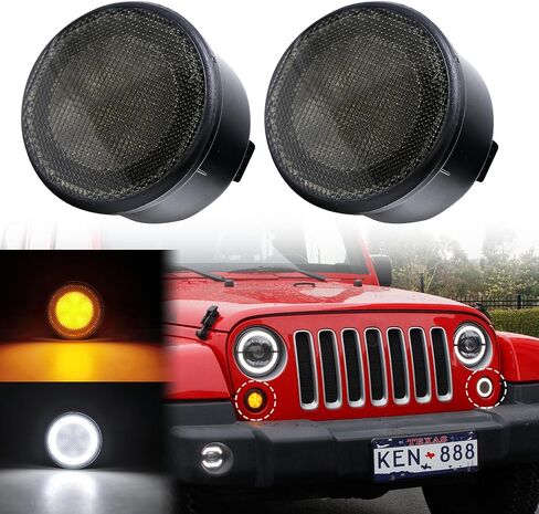 LED Turn Signal Lights Compatible with Wrangler JK JKU 2007-2018, White Halo as Daytime Running Lights,Yellow Honycomb LED as Turn Signal 2PCS (Smoked Lens) in Kuwait