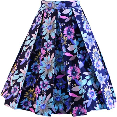 Dressever Women's Vintage A-line Printed Pleated Flared Midi Skirts in Saudi Arabia
