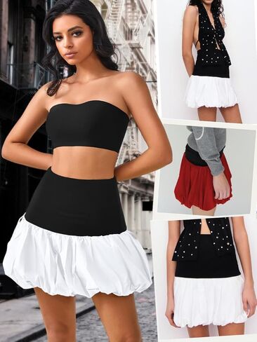 High Waisted Bubble Skirt, As Babydoll Tops, Mini Ruffle Skirts for Women, Mini Hem Tummy Control in Kuwait