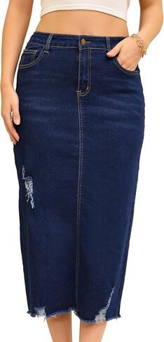 Women's Denim Skirt High Waisted Stretch Ripped Raw Hem Split Casual Midi Pencil Skirt Jean Skirts in Kuwait