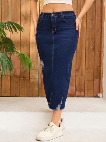Women's Denim Skirt High Waisted Stretch Ripped Raw Hem Split Casual Midi Pencil Skirt Jean Skirts in Kuwait