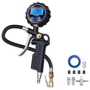 Digital Tire Pressure Gauge with Inflator, Air Compressor Accessories with Air Chuck Quick Connect Coupler, Car Attachments with Rubber Hose for Car, Truck, SUV, Cycle, RV, 250 PSI