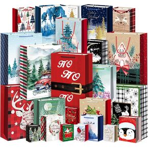 DECHISY 24Pack Christmas Gift Bags Assorted Sizes,Christmas Paper Bags with Handle Including 6 Jumbo 6 Large 6 Medium 6 Small Holiday Gift Bags for Christmas Presents,Kids,Xmas Party Favors