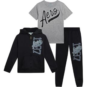 AEROPOSTALE Boys' Joggers Set - 3 Piece Fleece Zip Up Hoodie, Jogger Pants, and Graphic T-Shirt - Boys Activewear Set (8-12)