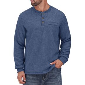 Sherpa Lined Waffle Henley for Men Long Sleeve Thermal Casual Winter Pullover (S-XXL)