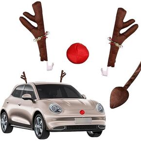 3 PCS Car Reindeer Antler Kit and Nose, Cute Santa Reindeer Antler Decoration Set, Car Windows, Roof, and Front Grille Festival Decoration Set, for Cars, Trucks, and SUVs (Brown)