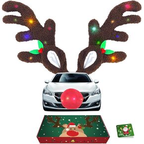 IC ICLOVER Reindeer Antlers for Cars with LED Lights, Car Reindeer Antlers & Red Nose, Christmas Glowing LED Reindeer Car Costume Kit, Car Christmas Decorations Xmas Gifts for Car SUV MPV Van Truck