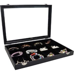 Wudygirl Jewelry Organizer Clear Lid 24 Grid Jewelry Box Case Organizer Showcase Display Jewelry Tray Removable Black Velvet Locked