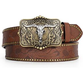 Western Belt for Men Women Cowboy Leather Belt Western Buckle Belt Western Engraved Belt Embossed Leather Belt
