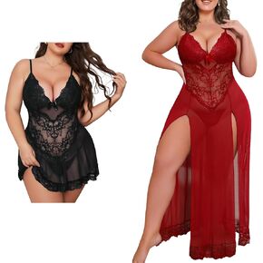 Plus Size Lingerie For Curvy Women Babydoll Sexy Mesh Maxi Nightdress Strappy Exotic Sleepwear Side Slits Wine Red XL