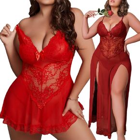 Sexy Lingerie For Plus Women Corset Babydoll Sexy Mesh Maxi Nightdress Strappy Exotic Sleepwear Side Slits Wine Red L