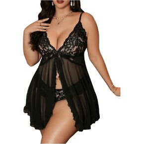 SOLY HUX Women's Plus Size Lingerie Set Lace Mesh Ruffle Hem Mini Dress Babydoll Chemise Nightgown with Panties