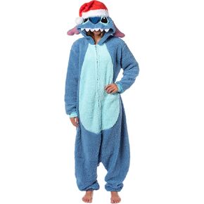 Disney Lilo & Stitch Kigurumi Unisex Christmas Santa Hat Men's Sherpa Costume One Piece Pajama Hooded Union Suit