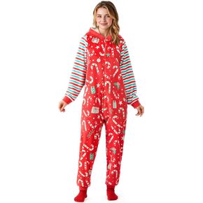 Giggling Getup Womens Christmas Pajamas, Fleece Pajamas for Santa Claus Print Holiday Jumpsuit