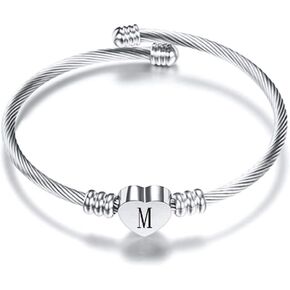 VQYSKO Silver Heart Initials Bracelet-A-Z Stainless Steel Engraved Charm Bracelet, Woman Jewelry Birthday Festival Gift