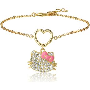 SALLY ROSE Hello Kitty Pave Crystal Charm Bracelet for Women, 6.75"+1" 18k Gold Flash-Plated Official License Hello Kitty Bracelet