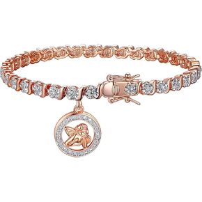 MORGAN & PAIGE Rhodium / 14k Rose Gold / 18k Yellow Gold Plated Bronze Charm Bracelets with Diamond Accent S-Link Chain, Tennis Bracelets for Women, 7.25"