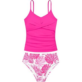 Girls Swimsuit 2 Piece Bathing Suit Criss Cross Ruched Girls Tankini Sets Printed Girls' Swimwear for 9-16 Years
