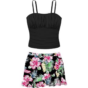 Girls Tankini Girls Bathing Suits Size 12-14 Two Piece Tropical Print Pleated Tween Girls Swimsuits Adjustable Straps with Ruffle Drawstring Skirt Swimwear Black Floral 13-14 Years