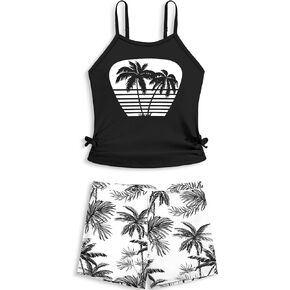NAPU Girls Tankini Swimsuit Tropical Girls Swimsuit with Boyshort 2 Piece Bathing Suit for Girls Swimwear Set 5-12 Years