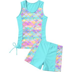 RAISEVERN Girls Swimsuit Two Piece Tankini Cute Summer Bathing Suit Boyshort Beach Modest Swimwear for 7-12 Years