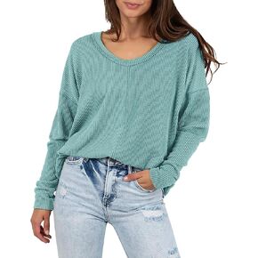 PRETTYGARDEN Womens Long Sleeve Tops 2024 Fall Trendy Cute V Neck Shirts Casual Loose Knit Ribbed Tunic Blouses