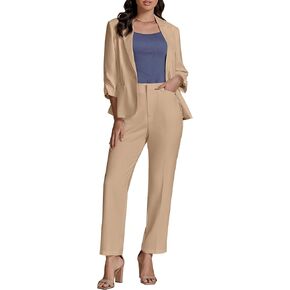 luvamia Pant Suits for Women Dressy 2 Piece Business Casual Outfits 3/4 Sleeve Blazer Straight Leg Pant Sets Office Work