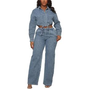 NIFTRIRY 2 Piece Outfits for Women Button Up Denim Jacket Wide Leg Pants Denim Set Fall Outfits for Women 2024